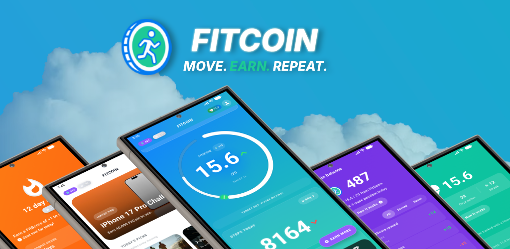 Fitcoin app on Android and iOS showing FitScore, steps, and rewards balance