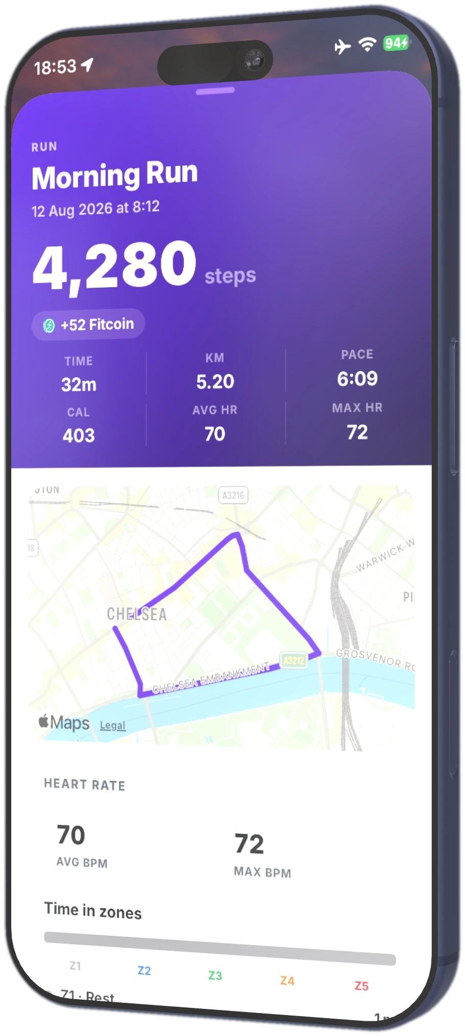 Morning run activity detail with route map and stats