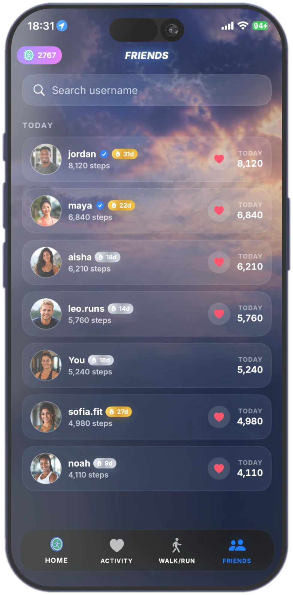 Friends ranked by today’s steps