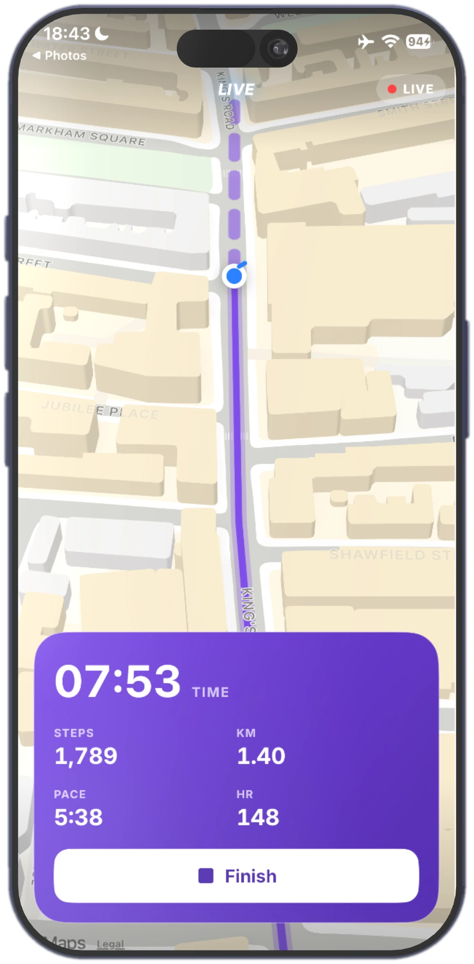 Live walk tracking with map, pace, and heart rate