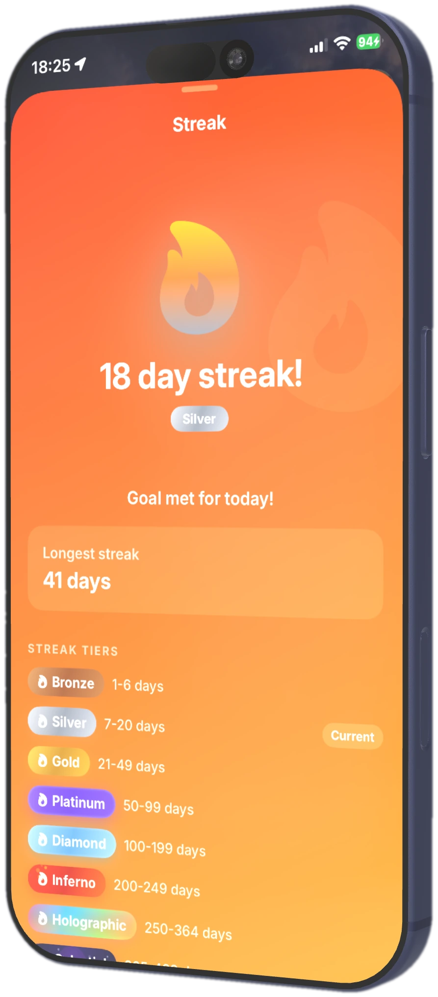 Streak screen with flame and silver tier