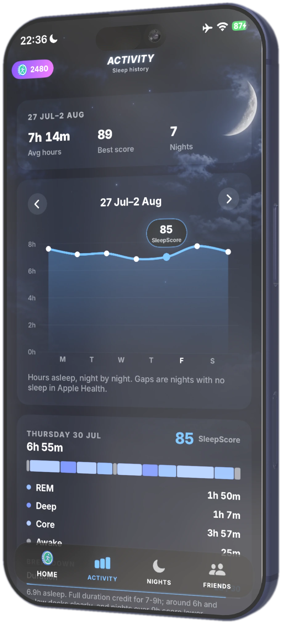 Weekly hours asleep chart in Sleep