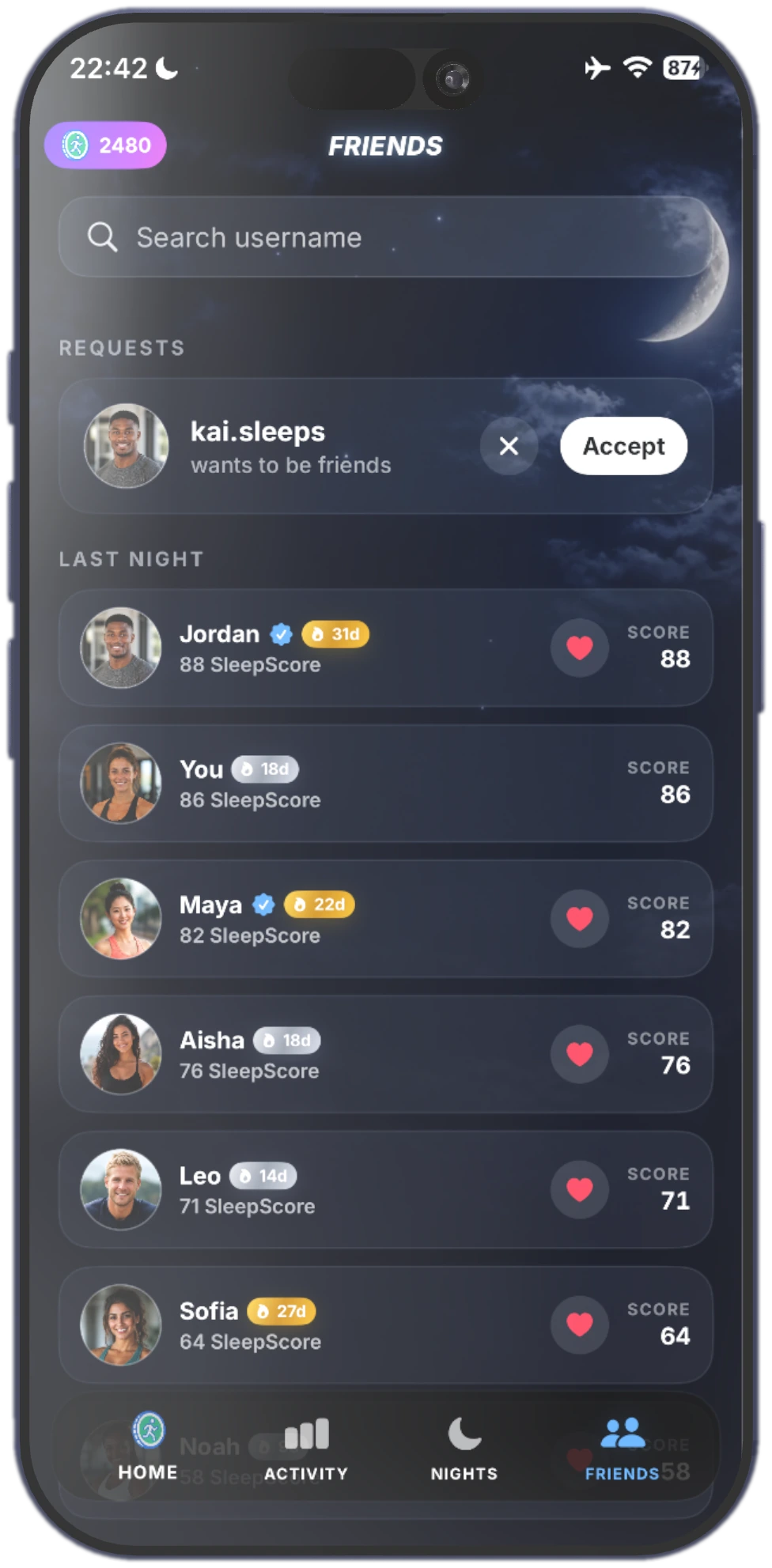 Friends list ranked by last night’s SleepScore