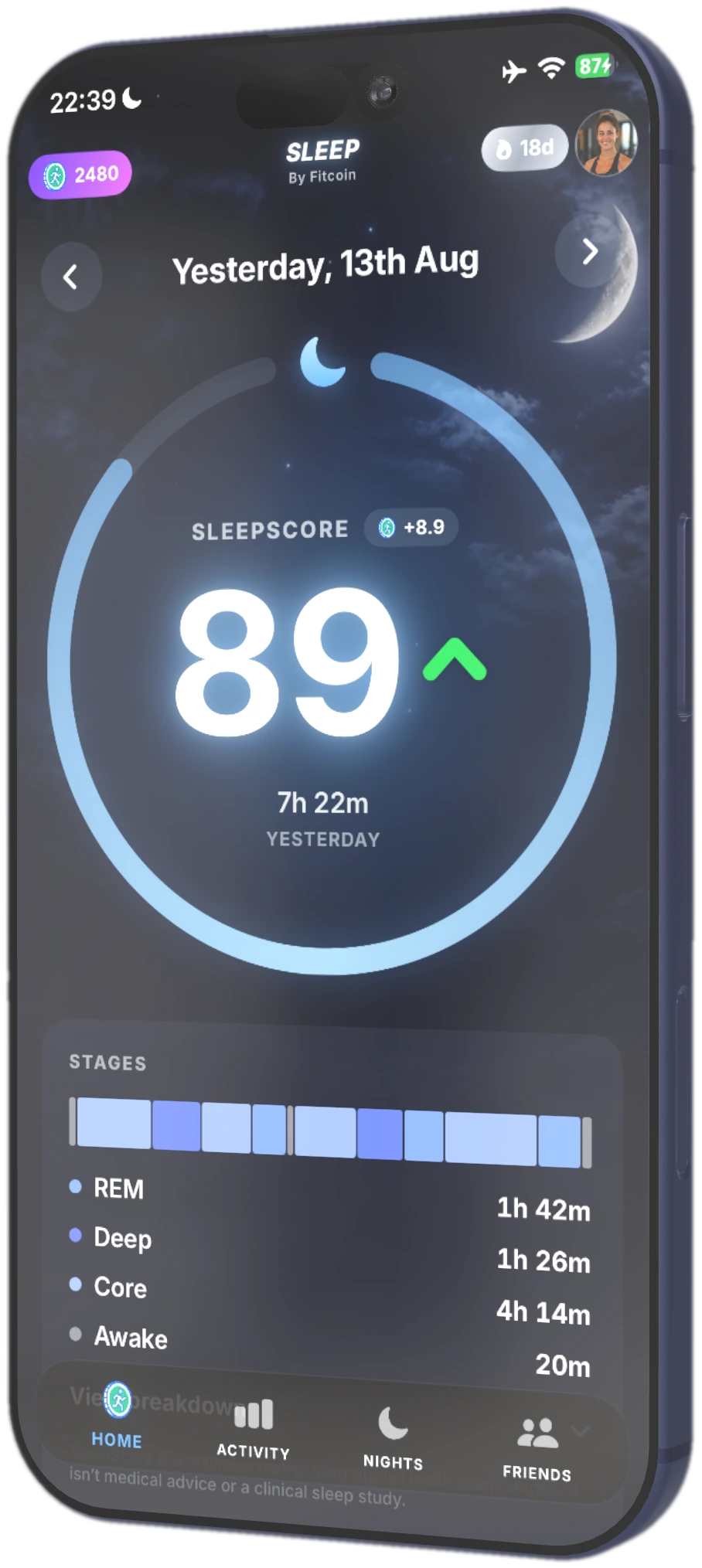Sleep home screen with last night’s SleepScore ring, hours asleep, and stages