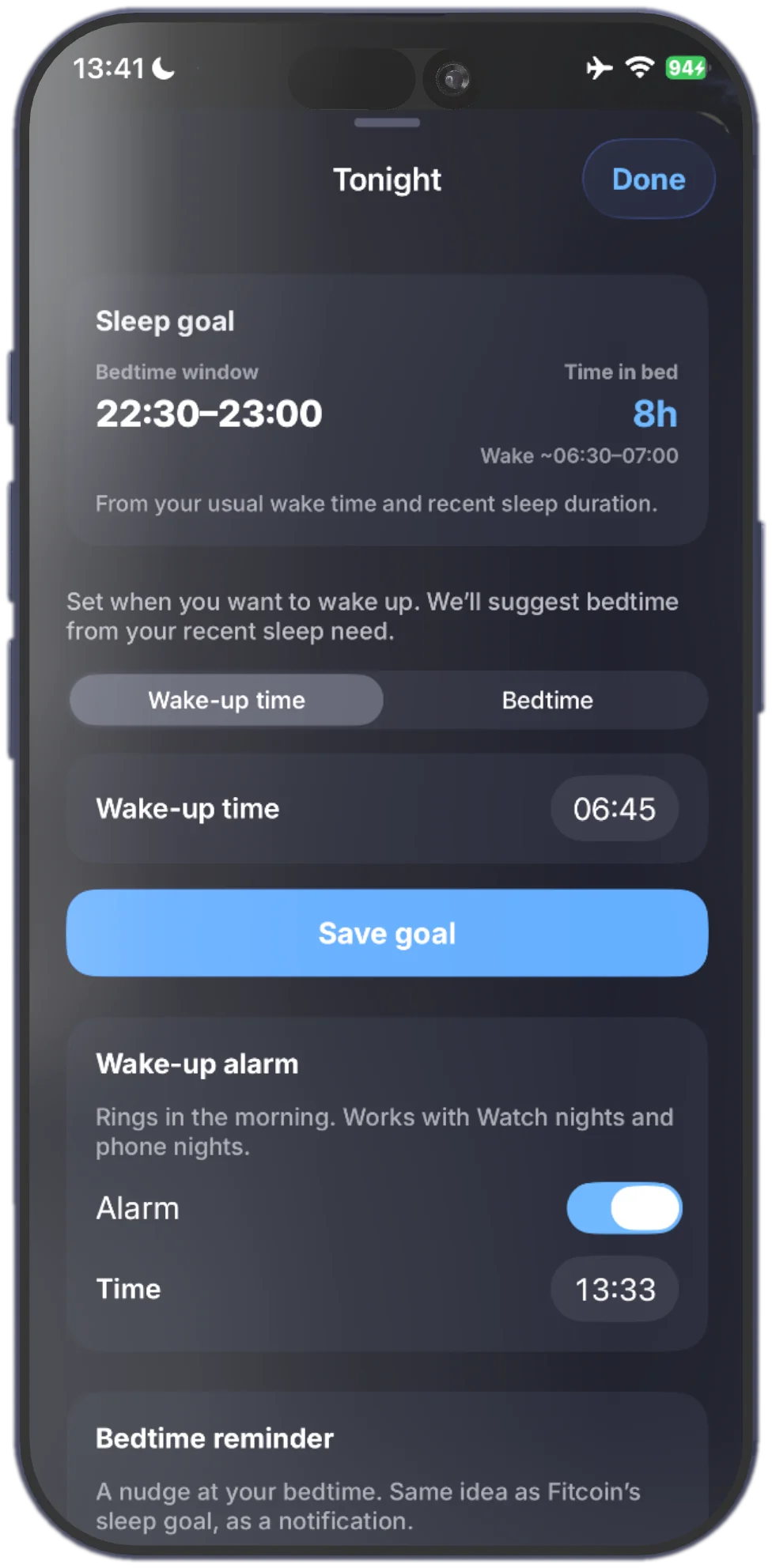 Sleep schedule with bedtime, wake goal, and alarm