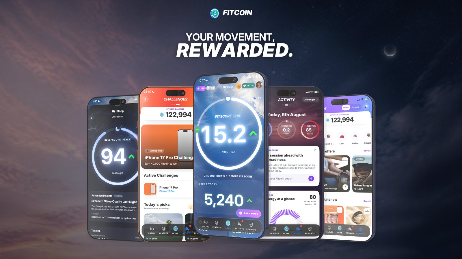 Fitcoin on iPhone: FitScore, sleep, challenges, activity and rewards