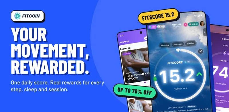 Fitcoin: your movement, rewarded. FitScore, rewards and energy screens on Android