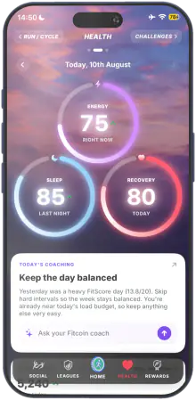 Fitcoin Health screen with Sleep, Energy and Recovery coaching