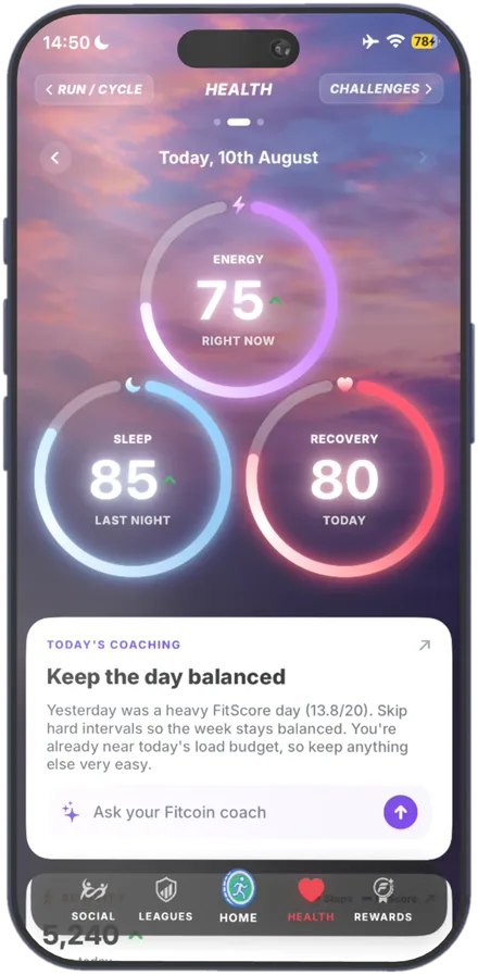 Fitcoin Health screen with Sleep, Energy and Recovery coaching