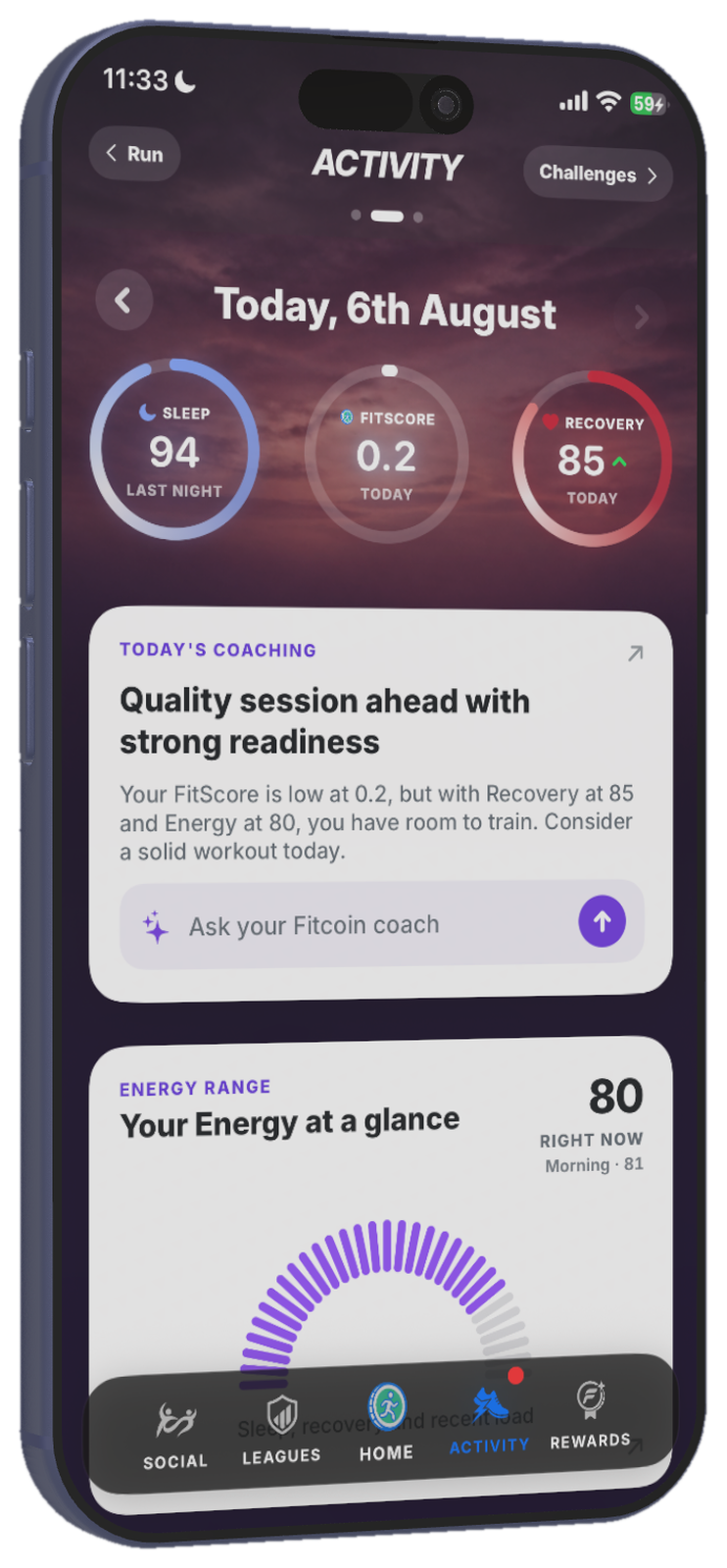 Fitcoin Activity screen with daily coaching, Recovery and Energy
