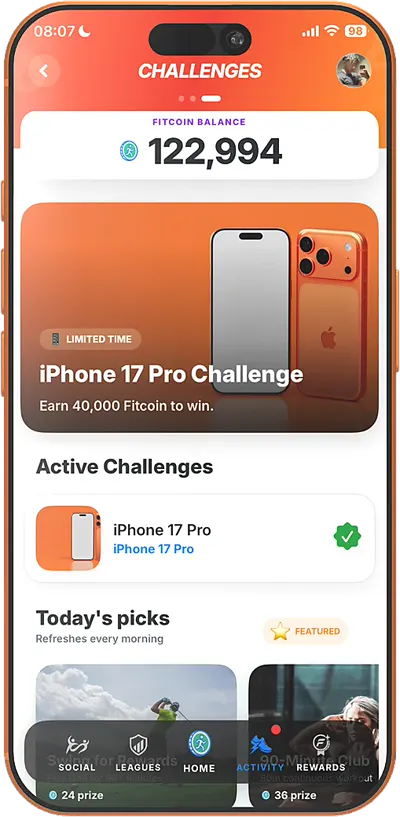 Fitcoin Challenges screen with prize goals