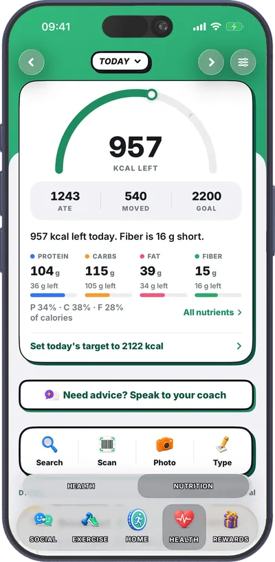 Fitcoin nutrition diary with calories and macros left today