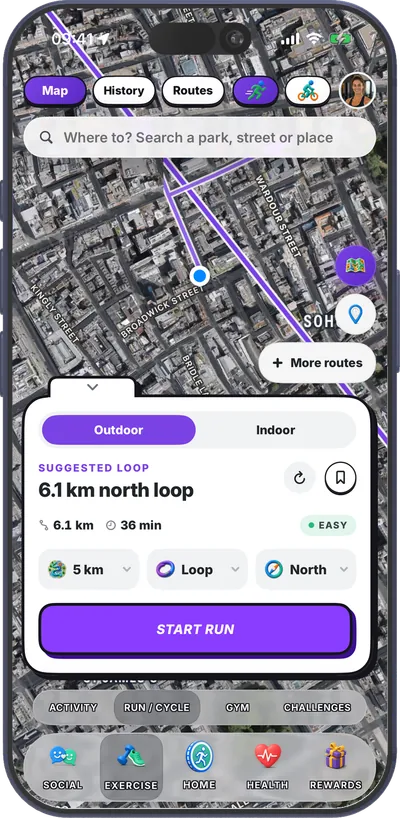 Fitcoin run and cycle map with a suggested loop
