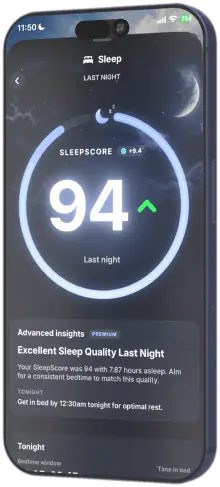 Fitcoin SleepScore screen with bedtime guidance