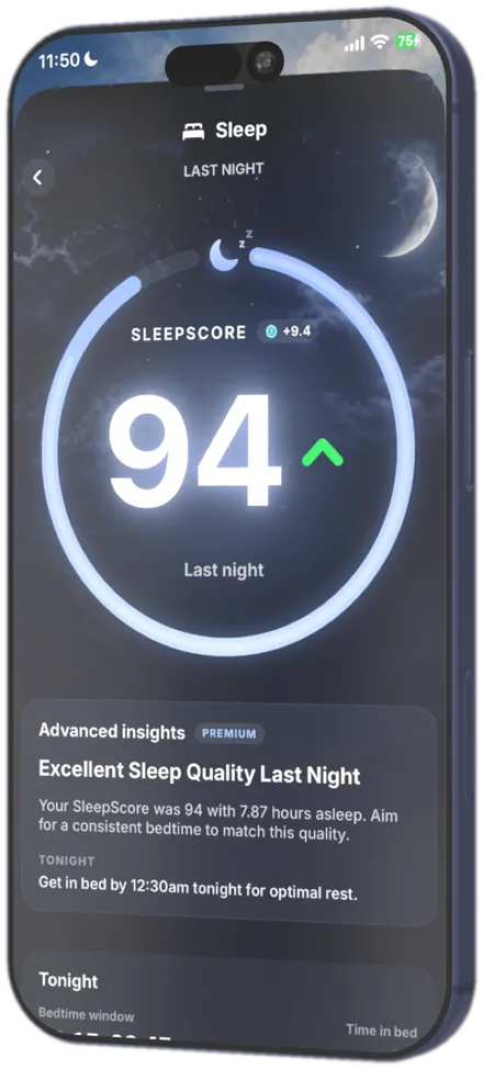 Fitcoin SleepScore screen with bedtime guidance