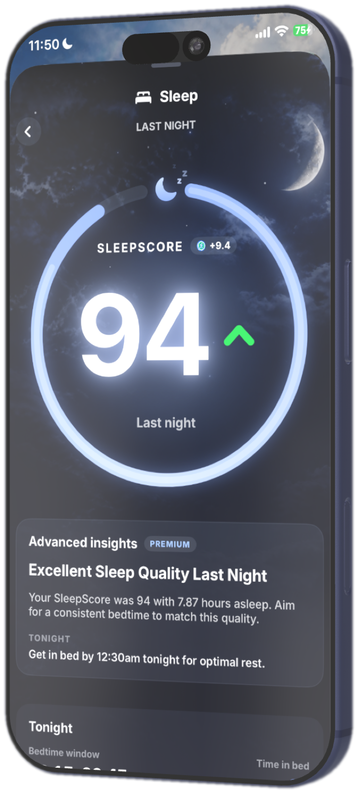 Fitcoin SleepScore screen with bedtime guidance