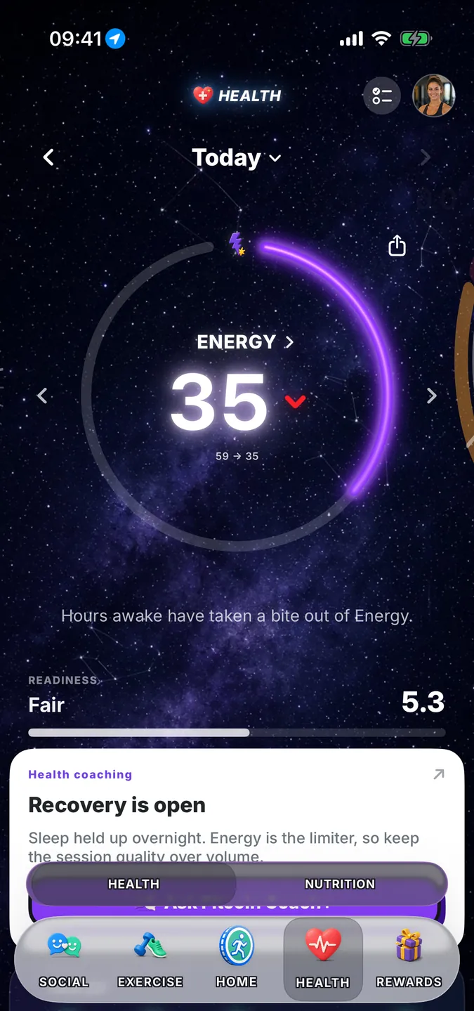 Fitcoin health rings with today's coaching